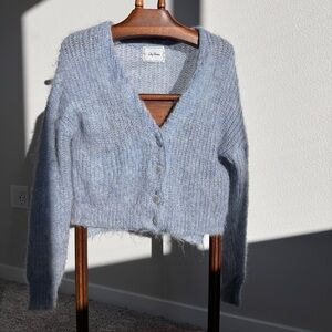 Lily Brown Mohair Blend Fuzzy Blue Cropped Cardigan | Free Size